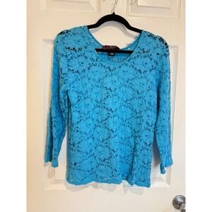 Peck &‎ Peck Lace Top Floral Crochet Long Sleeve Blouse Blue Size L